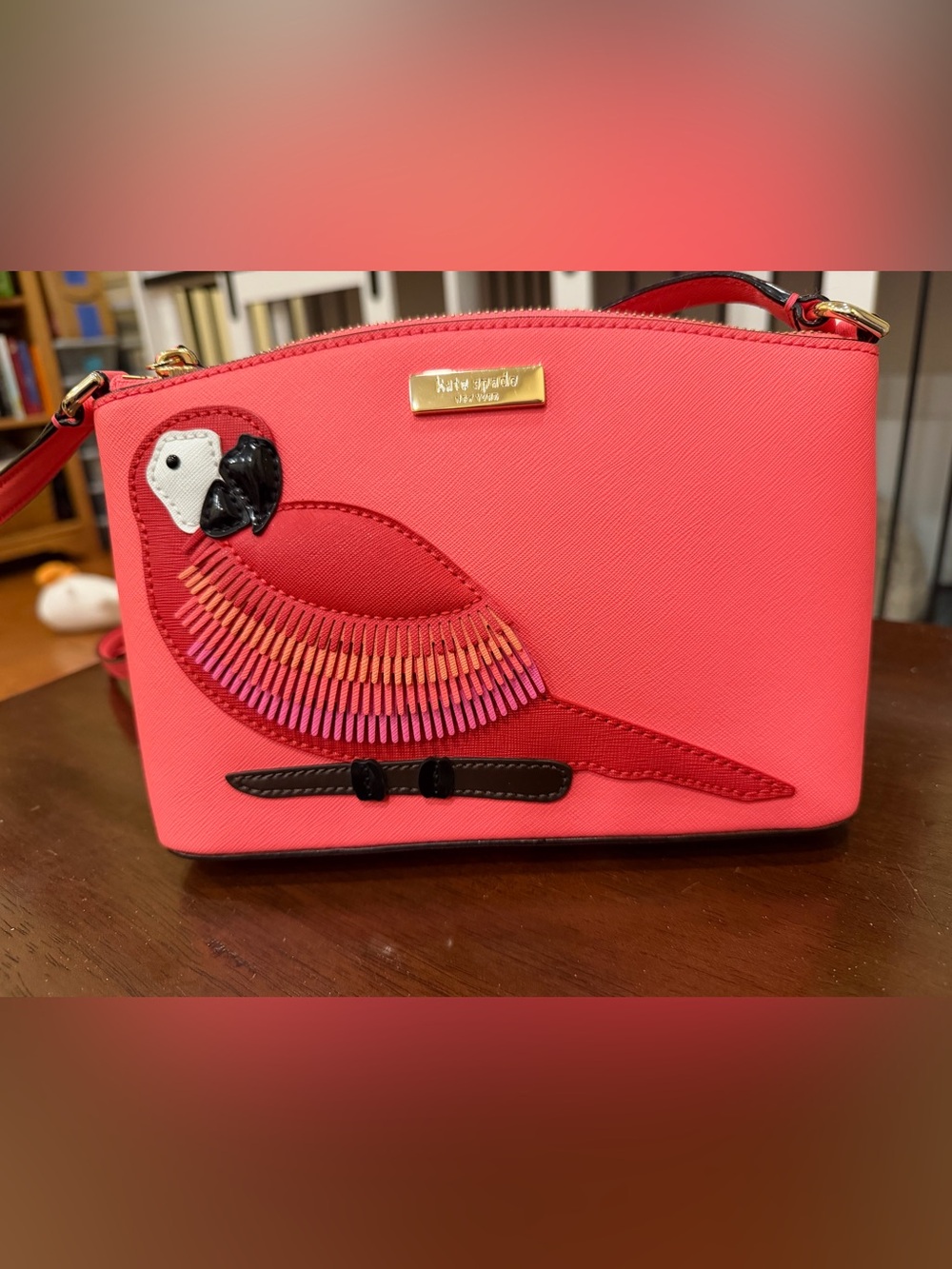 kate spade pink coral parrot appliqué crossbody bag